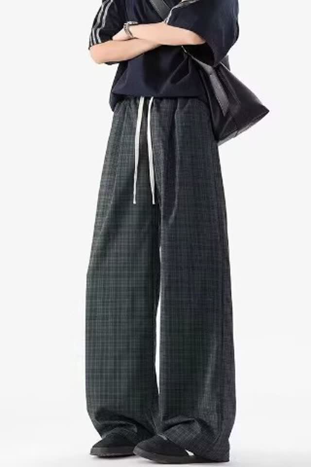 裤子男春秋垂感宽松阔腿裤复古格子裤直筒运动裤休闲裤K100P35图片