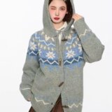 复古费尔岛提花毛衣开衫女翻领牛角扣外套设计感针织上衣M5831P75，女装针织衫/毛衣，星座1013-3