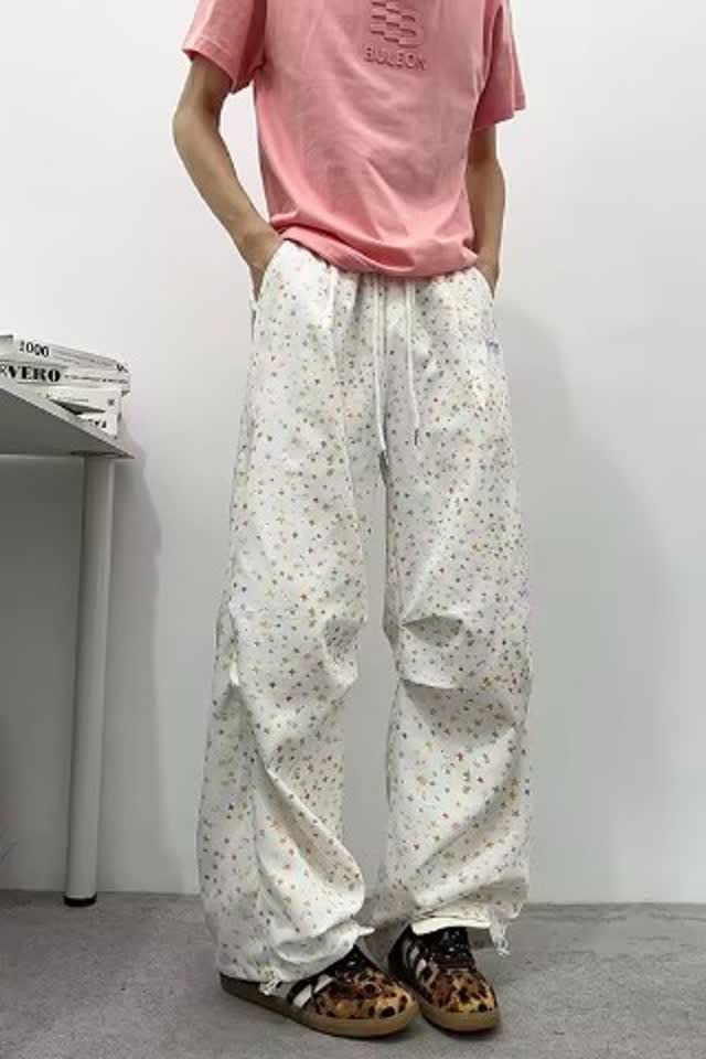星星满印阔腿运动裤男宽松褶皱伞兵裤慵懒垂感直筒休闲裤K8031P38图片