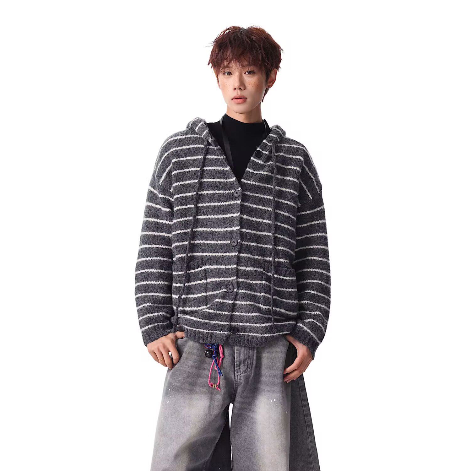 新款2026年连帽条纹打底衫休闲美式潮牌磨毛软糯开衫上衣M5826P70，男装针织衫/毛衣，星座1013-3