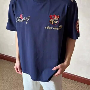 夏季美式刺绣徽章重磅纯棉正肩短袖男女款半袖上衣百搭t恤T871P33