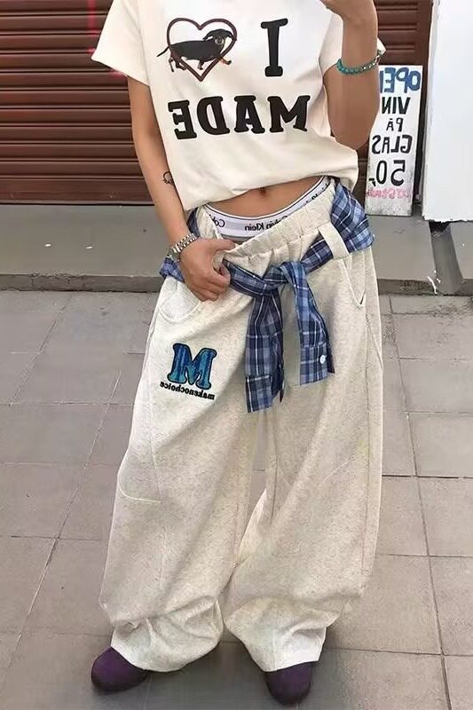 春秋女宽松潮流直筒裤藏青休闲裤女带围裙拼接透气长裤K8076P55，女装休闲裤，星座1013-3