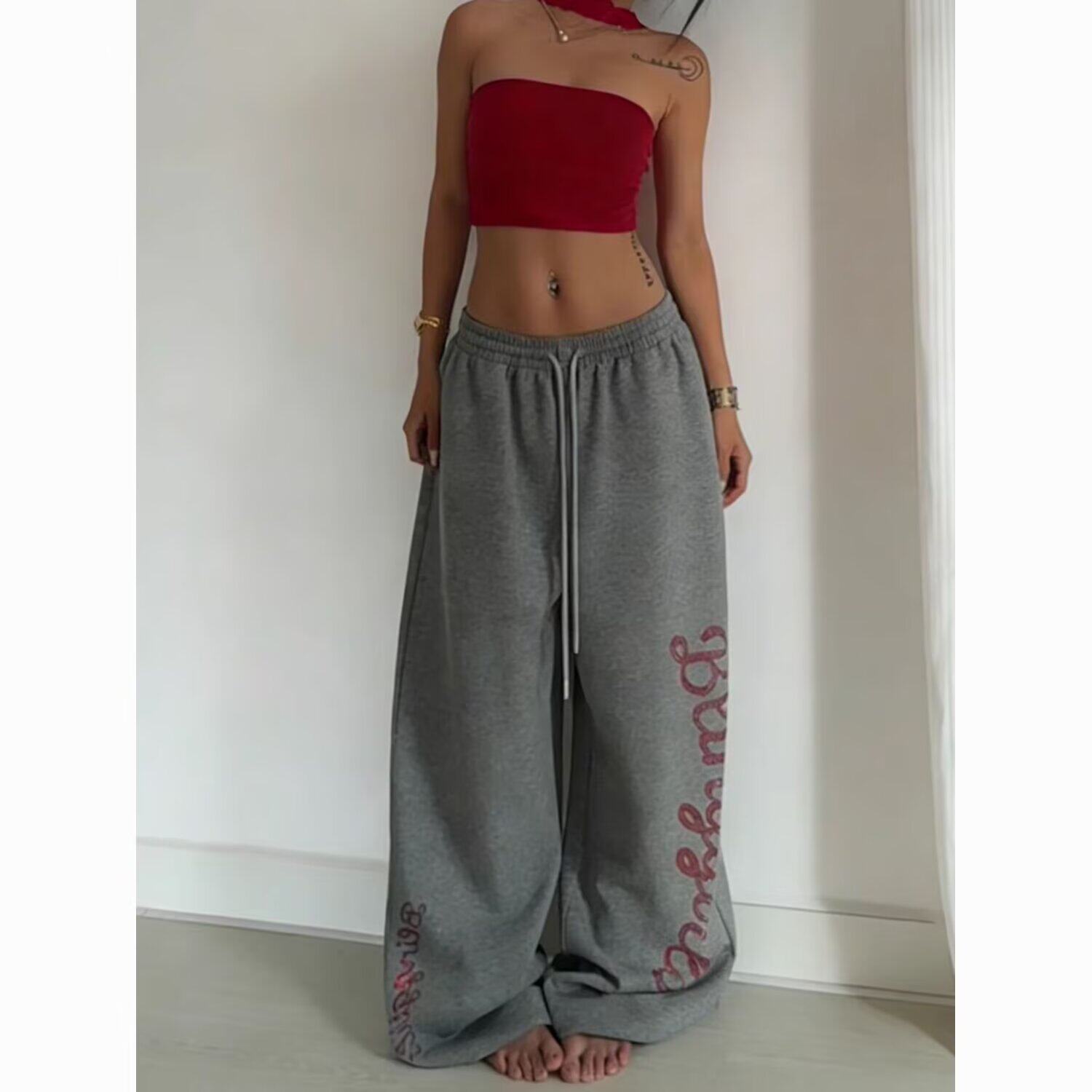 松弛感美式烫钻宽松爵士裤阔腿裤休闲运动卫裤jazz拖地裤K8104P48，女装休闲裤，星座1013-3