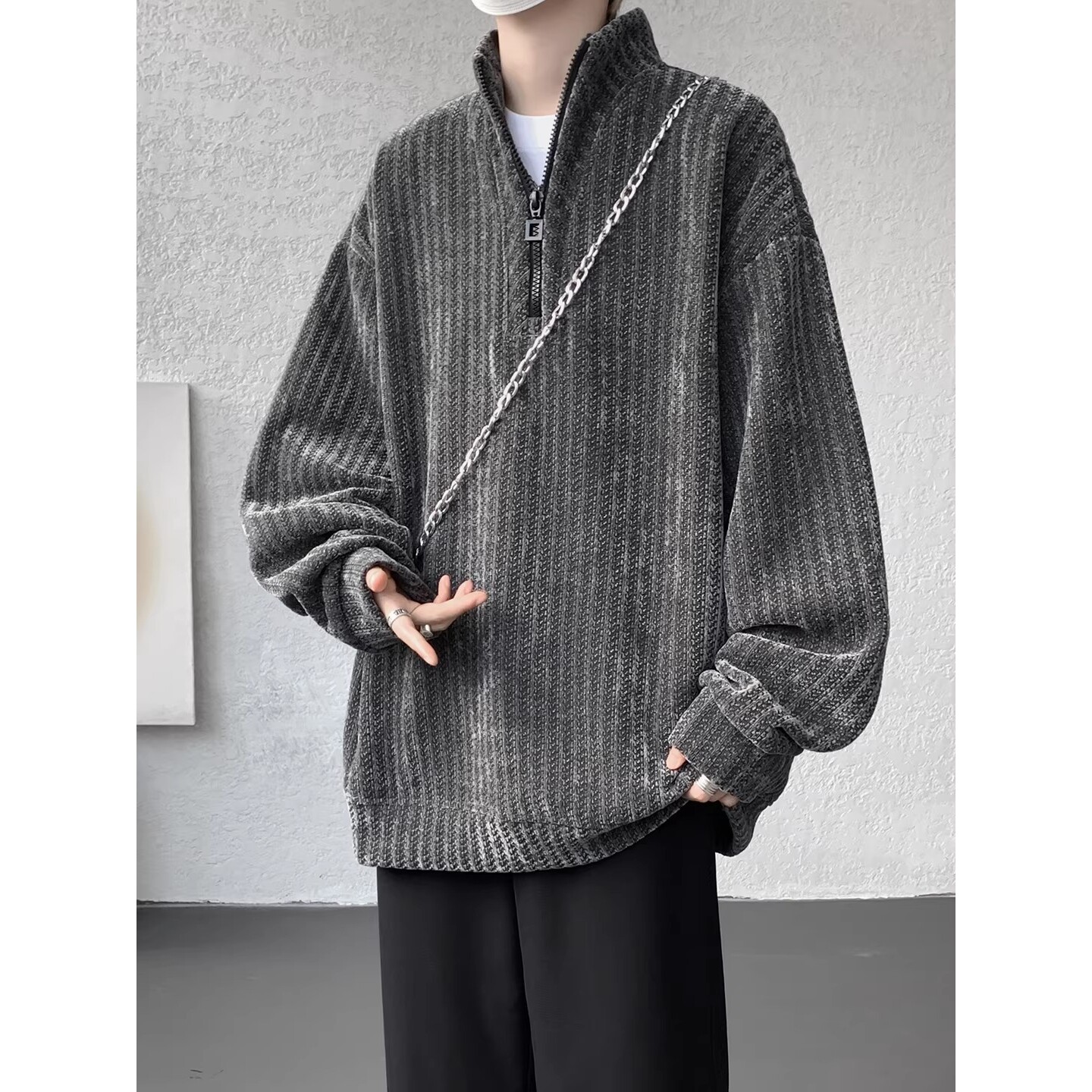 斑马纹半拉炼卫衣男秋冬潮流痞帅大码宽松套头上衣W308P45,男装卫衣,星座1013-3
