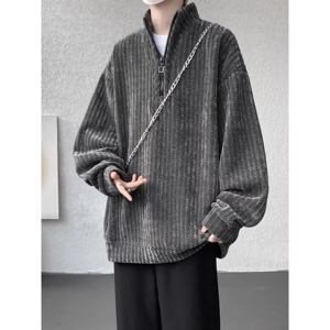 斑马纹半拉炼卫衣男秋冬潮流痞帅大码宽松套头上衣W308P45图片
