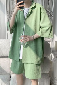 五分袖百搭文艺夏季简约休闲套装五分裤流行气质男衬衫 A55P55图片