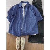 夏网红翻领细格子衬衫男短袖外套薄款透气美式炸街个性T恤C825P35，男装衬衫，星座1013-3