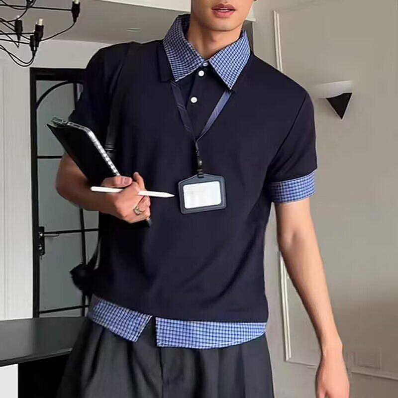 美式假两件格纹POLO短袖女男夏复古学院风宽松休闲百搭T恤T02P38，男装Polo衫，星座1013-3