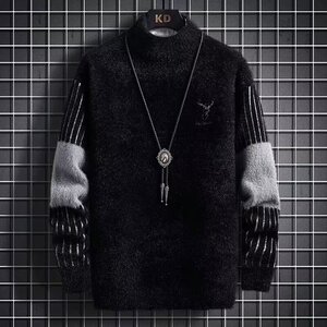 冬季复古拼接提花圆领胖子百搭毛衣男潮牌宽松情侣休闲针织M12P48图片
