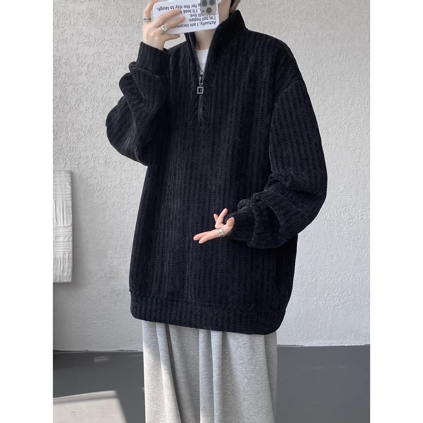 斑马纹半拉炼卫衣男秋冬潮流痞帅大码宽松套头上衣W308P45图片