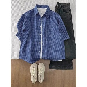 夏网红翻领细格子衬衫男短袖外套薄款透气美式炸街个性T恤C825P35图片