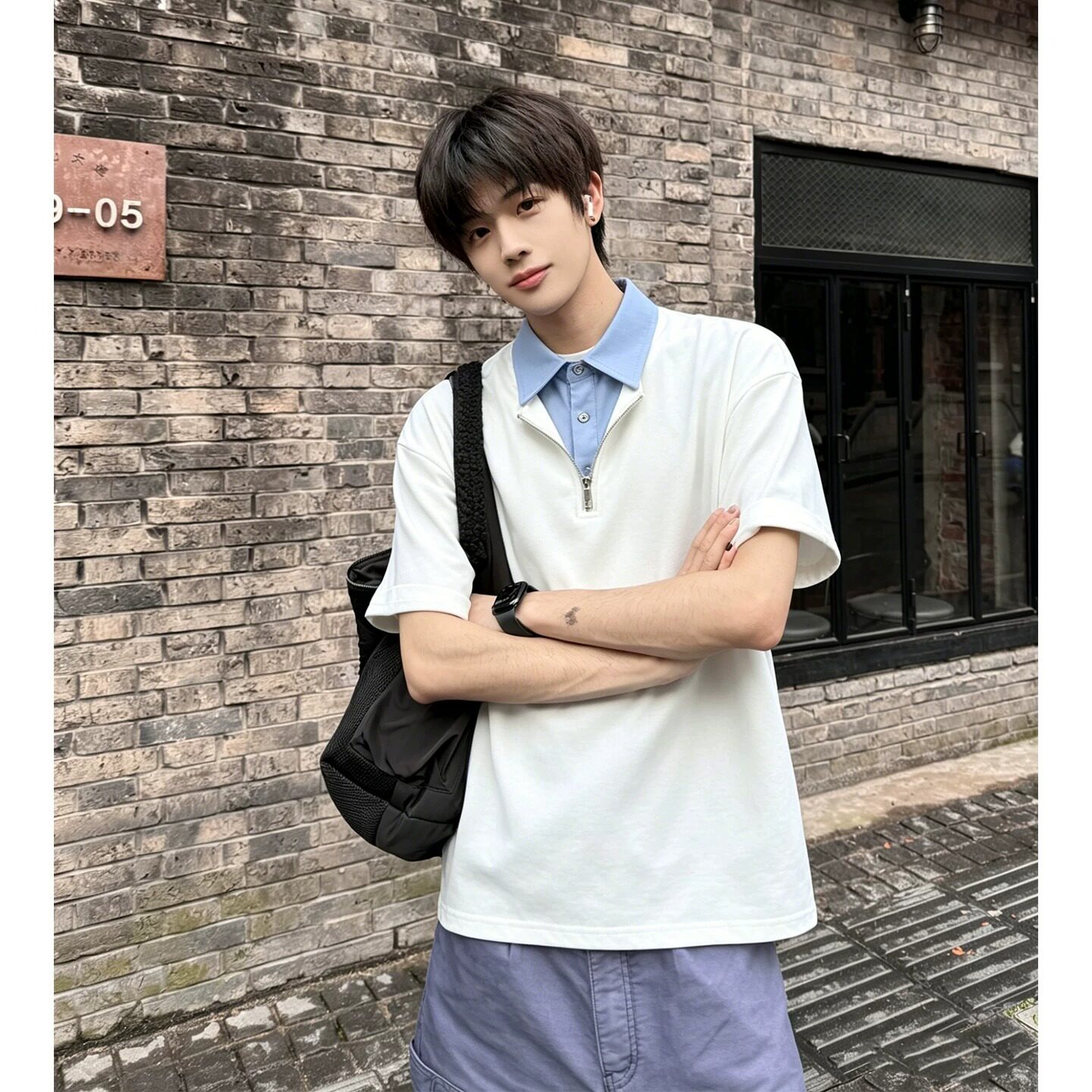 假两件短袖男款POLO衫夏解构拼接正肩半袖青少年半拉炼T恤T390P38,男装Polo衫,星座1013-3