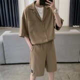 夏款男士青少年港风运动套装短袖衬衫短裤休闲时尚两件套A52P55，男装休闲套装，星座1013-3