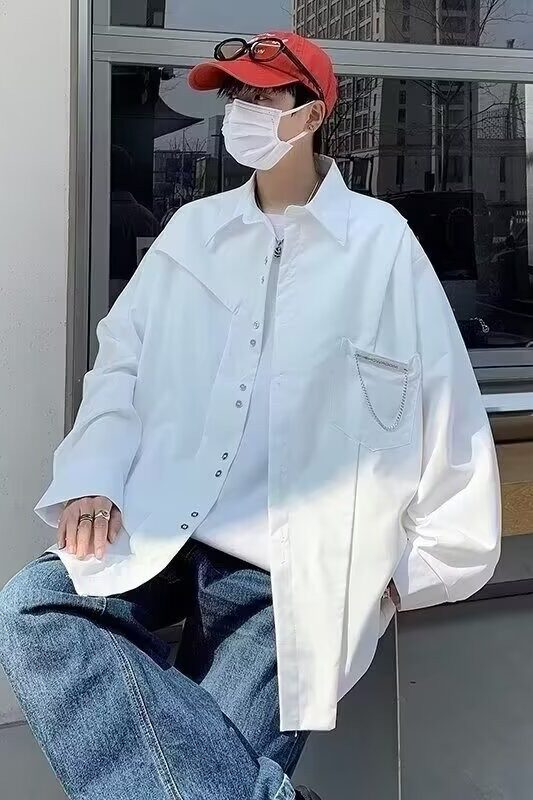 小众翻领设计感衬衫男士休闲宽松高级链条衬衣男长袖潮流CS35P35图片