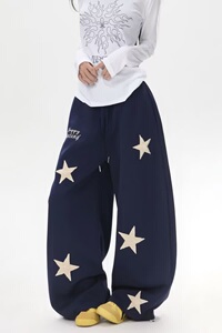 刺绣灰色阔腿卫裤女春夏高腰宽松显瘦垂感休闲直筒运动裤K8085P55，女装休闲裤，星座1013-3