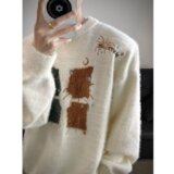 日系复古刺绣水貂绒针织衫男女秋季宽松圆领休闲毛衣外套M5821P65，男装针织衫/毛衣，星座1013-3