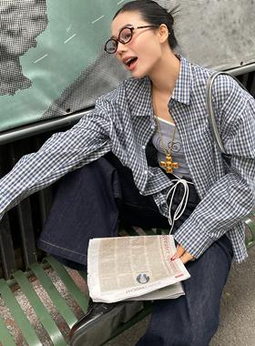 SYMOCOLOR 新款美式复古蓝格子长袖衬衫通勤休闲宽松防晒薄款外套