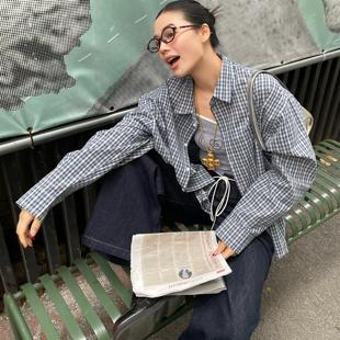新款 通勤休闲宽松防晒薄款 美式 衬衫 外套 复古蓝格子长袖 SYMOCOLOR