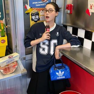 SYMOCOLOR美式复古运动风V领长袖字母球衣卫衣男女春休闲印花上衣