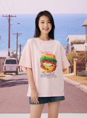 SYMOCOLOR趣味汉堡数码印花纯棉春夏可爱时尚短袖t恤男女休闲上衣