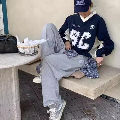 SYMOCOLOR春季通勤宽松弯刀剪裁运动卫裤男女复古灰色百搭休闲裤