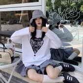 SYMOCOLOR T恤女宽松百搭休闲打底上衣 2025爱心字母圆领印花长袖