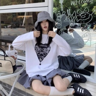 SYMOCOLOR 2025爱心字母圆领印花长袖T恤女宽松百搭休闲打底上衣