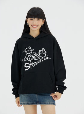 SYMOCOLOR 小猫涂鸦套头连帽卫衣男女卡通休闲长袖潮情侣春秋上衣