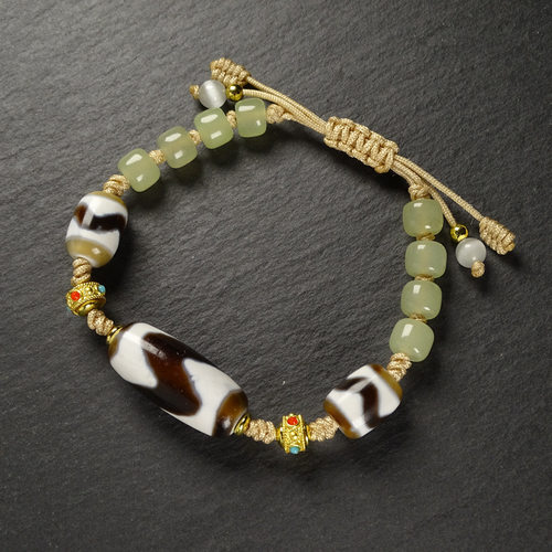 圣饰奇缘西藏天然真品老玛瑙虎牙天珠和田玉伸缩调节手串13*29mm