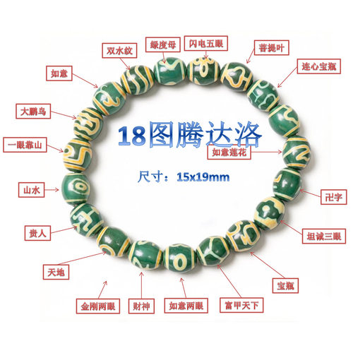 藏传天珠帝王绿18图腾达洛多宝天珠藏式复古绿玛瑙尺寸15X19mm