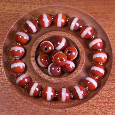 5A级西藏天然真品老原石玛瑙红肉一线药师珠手串散珠10*10mm左右