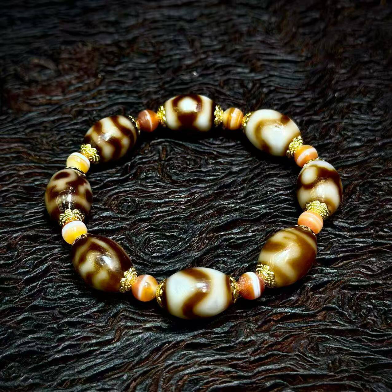 5A级西藏天然真品老矿原石玛瑙宝瓶大鹏鸟水纹三眼多宝天珠手串链