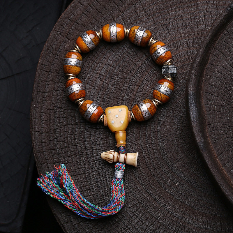藏传回流老银雕刻镶嵌牦牛骨手串单圈藏式流苏三七银配饰文玩手链