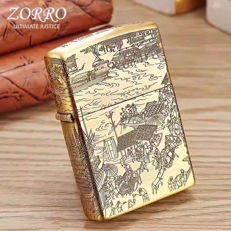 香港正品ZORRO佐罗煤油打火机清明上河图加厚纯铜创意防风机包邮
