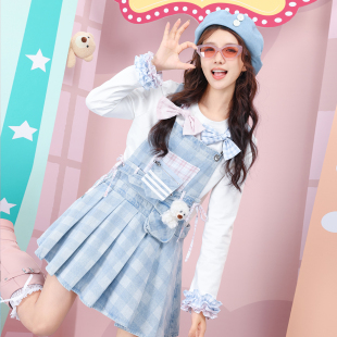 春学院少女装 连衣裙 饰腰带小熊低腰压褶裙格子水洗牛仔背带裙无袖