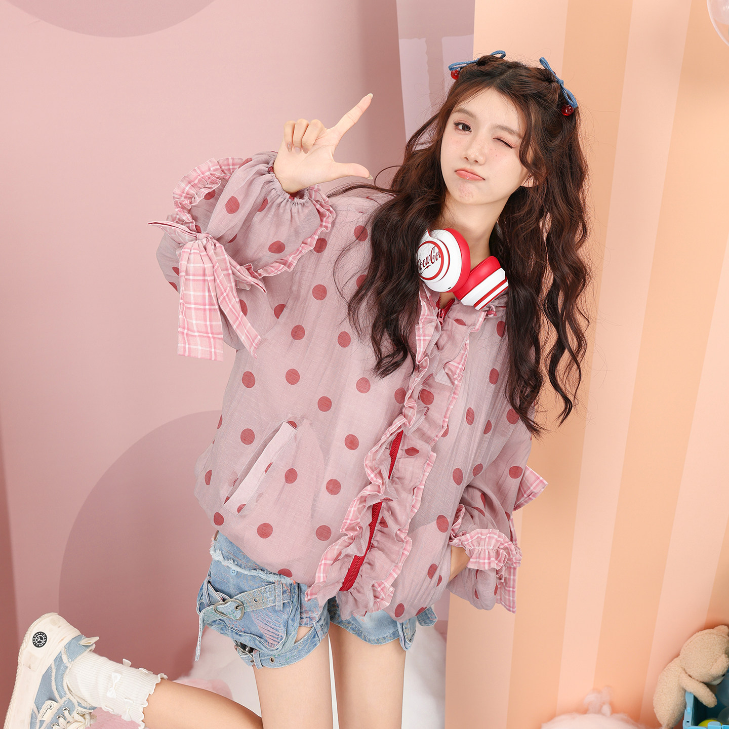 2026春装少女格子荷叶边蝴蝶结灯笼袖圆点连帽宽松冲锋服长袖外套