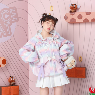 春少女甜美抽绳系带蝴蝶结口袋抽褶连帽宽松渐变多巴胺冲锋衣外套