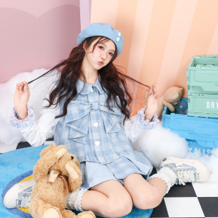 26春夏少女学院印花格子立体蝴蝶结A型大摆显瘦无袖 牛仔马甲上衣