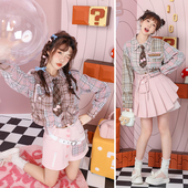 粉格子衬衫 2026春装 少女学院绣花字母串绳蝴蝶结领带翻领拼色长袖