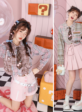 2026春装少女学院绣花字母串绳蝴蝶结领带翻领拼色长袖粉格子衬衫