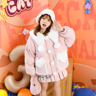 冬装 毛球女巫领爱心口袋蝴蝶结围巾粉色灯芯绒90白鸭绒面包羽绒服