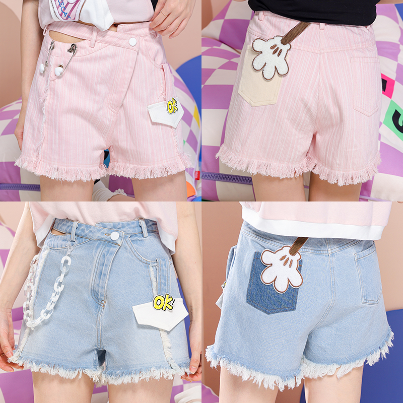 短裤不对称斜门襟毛边夏季