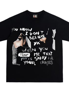 28blocks美式潮牌水洗做旧黑色短袖t恤女夏季设计感小众半袖上衣