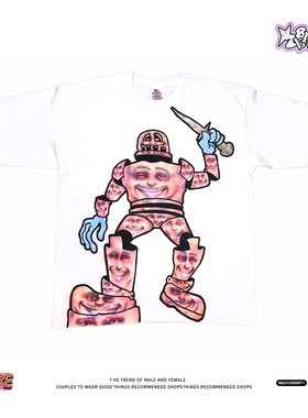 美式小众复古怪潮牌白 T 人脸机器人印花匕首元素宽松落肩短袖女