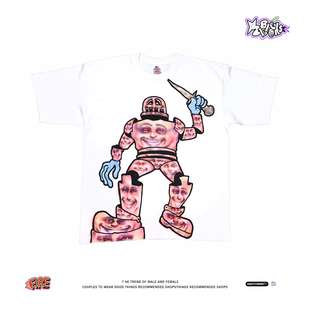 素宽松落肩短袖 美式 人脸机器人印花匕首元 女 小众复古怪潮牌白