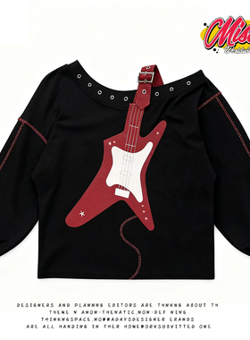 y2k hoodie~美式复古吉他印花卫衣女黑色圆领长袖设计感小众上衣