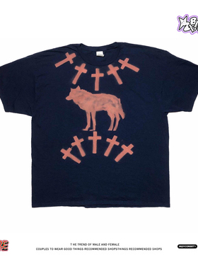 狼与十字涂鸦~美式复古做旧短袖oversize宽松纯棉男女潮牌半袖夏