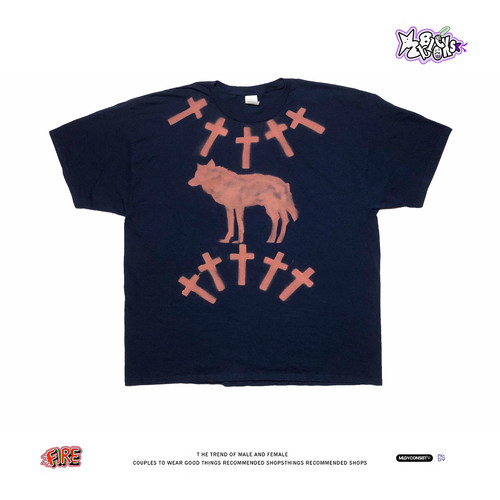 狼与十字涂鸦~美式复古做旧短袖oversize宽松纯棉男女潮牌半袖夏
