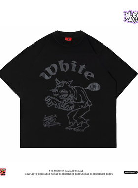 美式小众复古暗黑风怪诞印花 Twhite 标识搞怪形象宽松圆领黑短袖