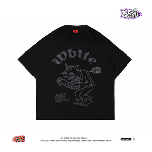 标识搞怪形象宽松圆领黑短袖 Twhite 小众复古暗黑风怪诞印花 美式